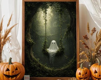 May include: A framed wall art print depicting a white ghost sitting on a swing suspended within a dark, mossy forest. The scene is framed by large, ancient trees covered in vines. Two orange jack-o'-lanterns sit on the table in front of the frame.