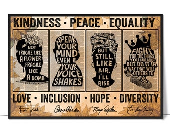 Kindness Peace Equality Love Inclusion Hope Diversity - Feminist Print, Empowering Women, Strong Women Vintage, Women Speak Womens Rights