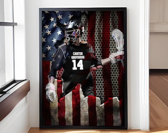 Personalized Lacrosse Poster & Canvas, Lacrosse Player US Flag Wall Art, Custom Name Number Home Decor For Son, Boy, Men