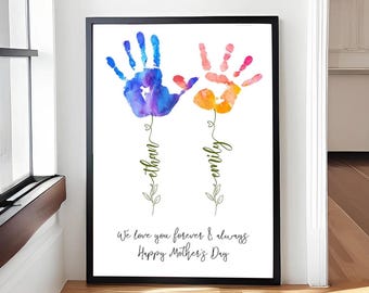 Personalisierte Mama Geschenk für Muttertag Benutzerdefinierte Handabdruck Poster Wandkunst Blumen Handabdruck Geschenk von Kindern für Mama Neue Mama Benutzerdefinierte Namen Poster