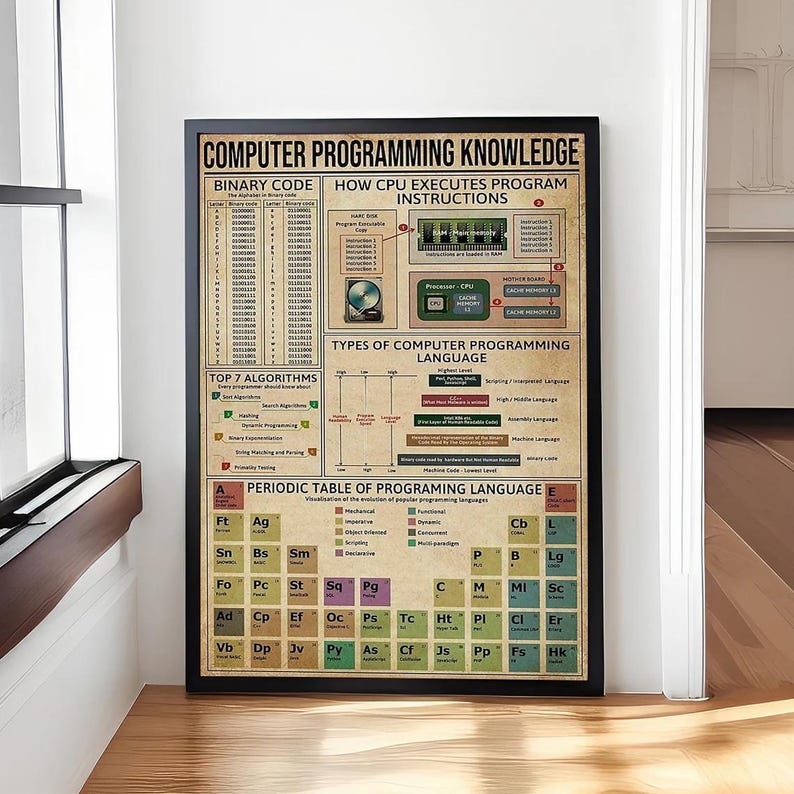 May include: A vintage-style poster titled "Computer Programming Knowledge". The poster features a chart of binary code, a diagram of how a CPU executes program instructions, a list of the top 7 algorithms, a chart of types of computer programming languages, and a periodic table of programming languages.