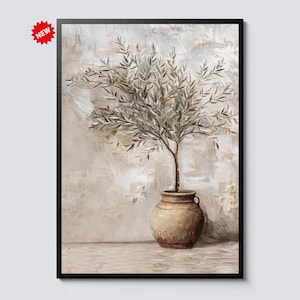 Op de afbeelding: Een ingelijste canvas print met een olijfboom in een rustieke vaas. Het kunstwerk heeft een neutraal kleurenpalet met een textuur achtergrond. De vaas is warmbruin en de boom heeft delicate groene bladeren.