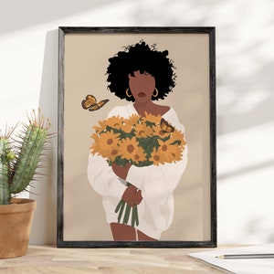 Schwarze Königin Sonnenblume Ungerahmtes Plakat, Schwarze Frau Plakat, Vintage Plakat, Schwarze Königin Plakat, Frau Schwarz, Afro Frau und Schmetterling Plakat
