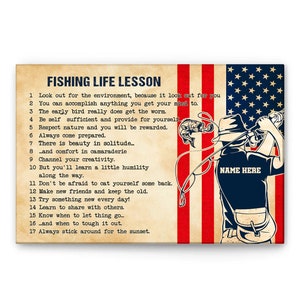 Personalized Fishing Poster – Fishing Life Lessons Canvas – Custom Name Gift for Son, Dad, Husband – Fisherman Wall Art Home Decor