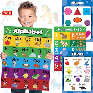 May include: A child holds a colourful educational poster with the alphabet, numbers, shapes, and colours. The alphabet poster features letters with corresponding illustrations. Other posters show numbers 1-10, shapes, and colours.
