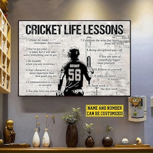 Cricket Life Lessons, Personalized Motivational Cricket Boy Canvas Painting, Inspirational Quotes Wall Art, Poster Gift For Cricket Lovers