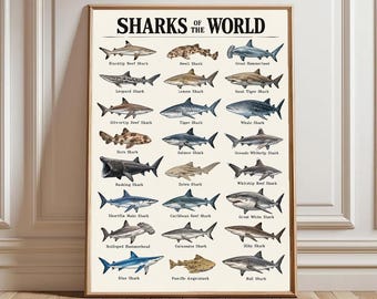 Sharks of the World Retro Poster, Vintage Shark Canvas Wall Art, Ocean Animal Poster, Marine Life Decor, Shark Lover Coastal Gift Art