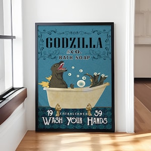 Pôster de sabonete Godzilla Co., decoração para casa "Lave as mãos", arte de parede para fãs de Godzilla, presente de Godzilla, decoração de parede para banheiro