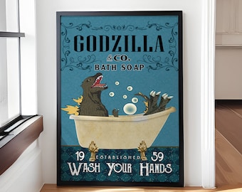 Pôster de sabonete Godzilla Co., decoração para casa "Lave as mãos", arte de parede para fãs de Godzilla, presente de Godzilla, decoração de parede para banheiro