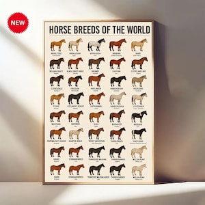 Puede incluir: Un p&oacute;ster enmarcado titulado "HORSE BREEDS OF THE WORLD" presenta ilustraciones de varias razas de caballos. El p&oacute;ster incluye los nombres de cada raza, como &Aacute;rabe, Mustang y Shire. Una pegatina roja "NEW" est&aacute; en la esquina superior izquierda.
