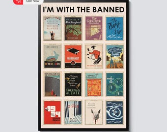 I'm With The Banned Books Poster, Vintage Book Lover Wall Art, Librarian Decor, Reading Advocacy Print, Literary Gift for Readers