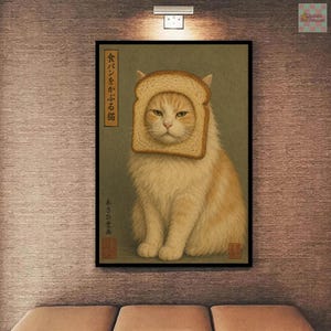 Funny Bread Cat Wall Art Print, Cat Wearing Toast Poster, Japanese ...