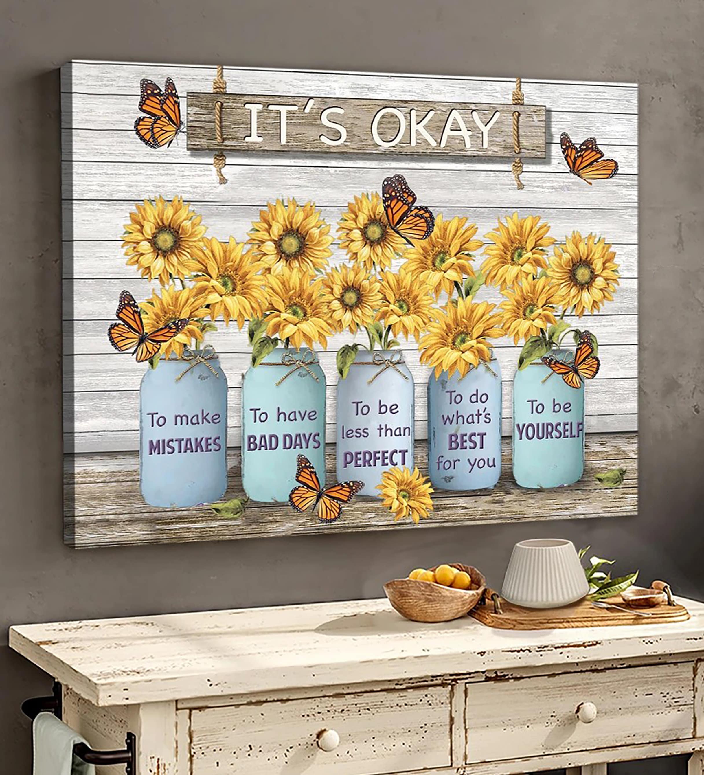 Sunflower It's Okay to Make Mistakes Wall Art - Monarch Butterfly Mason Jar Canvas Print - Rustic Sunflower Wall Decor Inspirational Quote