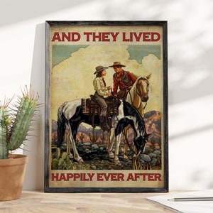 Póster de pareja retro vintage, póster de "Vaqueros y vivieron felices para siempre", póster decorativo para pared.