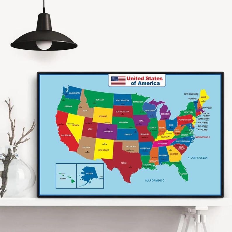 United States Map Laminated Poster for Kids and Adult, Colorful USA