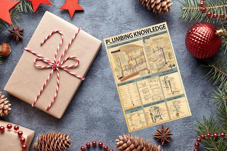 May include: A festive holiday scene with a wrapped gift, a plumbing knowledge diagram, and Christmas decorations. The gift is wrapped in brown paper and tied with red and white twine. The diagram is a vintage-style print.