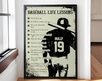 Pôster/tela de beisebol personalizado – Nome e número personalizados – Arte de parede com lições de vida de beisebol – Presente para menino, filho, criança – Decoração de sala de esportes