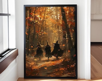 Three Witches Gathered In Maple Forest Vintage Wall Art Print, Halloween Wall Art, Halloween Decor, Witch Poster,  Witchy Canvas Print
