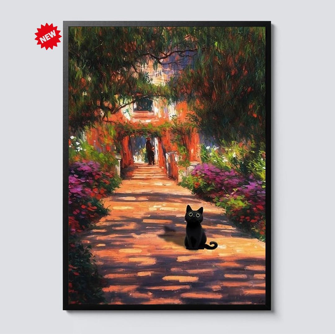 Black Cat Garden Painting Canvas Wall Art Colorful Nature Path Artwork ...