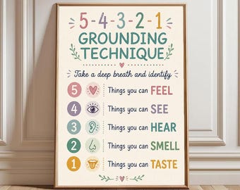 May include: A rectangular wall poster featuring the 5-4-3-2-1 Grounding Technique. The text lists five senses with corresponding icons: 5 things to feel, 4 to see, 3 to hear, 2 to smell, and 1 to taste. The design uses a soft, multi-colored palette.