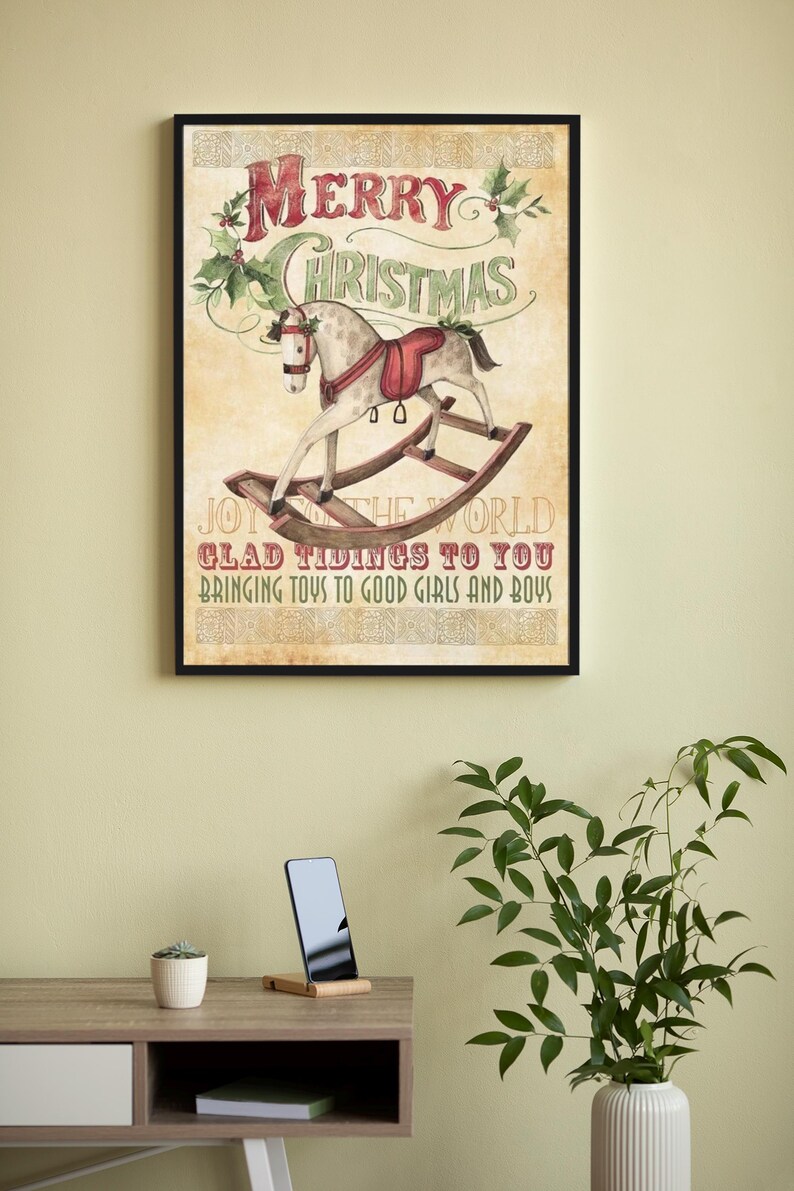 Vintage Christmas Canvas Wall Art, Victorian Rocking Horse Wall Decor