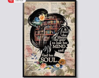 Póster vertical "Libros en la biblioteca", arte mural vintage de una niña leyendo, regalo para amantes de los libros, decoración literaria, lámina artística con forma de página de diccionario.