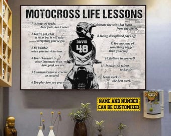 May include: Motocross Life Lessons poster with a black frame. The poster features a black and white illustration of a motocross rider with the name "DAVID" and the number "48" on the back of the jersey. The poster includes 12 life lessons.