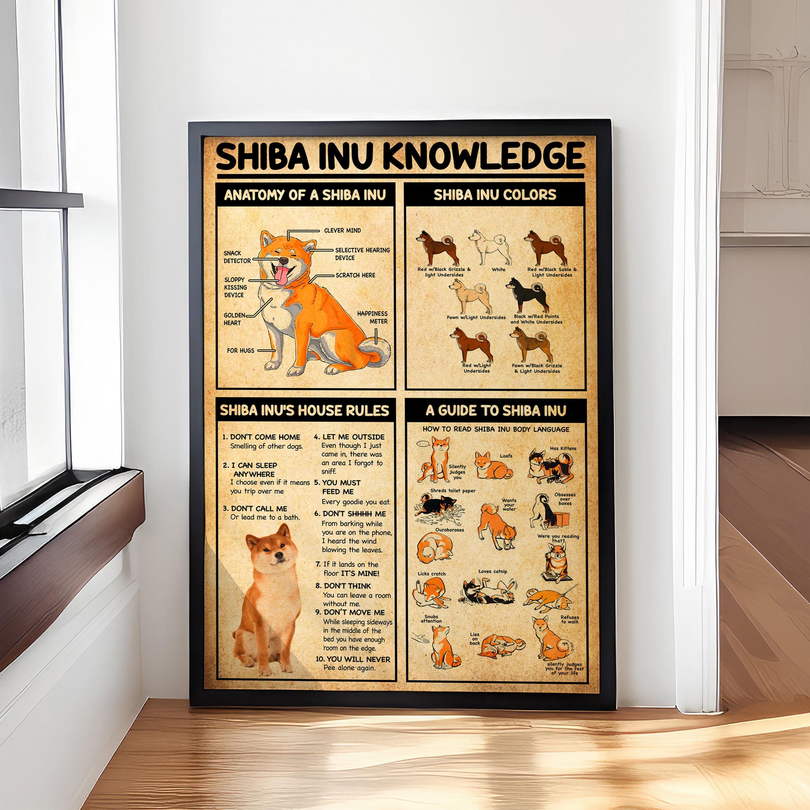 Shiba Inu Knowledge Poster, Funny Dog Wall Art, Vintage Shiba Inu