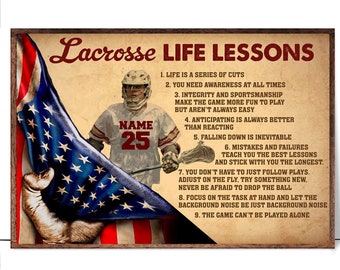 Lienzo de lecciones de vida de Lacrosse, lienzo de jugador de Lacrosse, lienzo de nombre personalizado, lienzo de bandera americana, arte de pared deportiva
