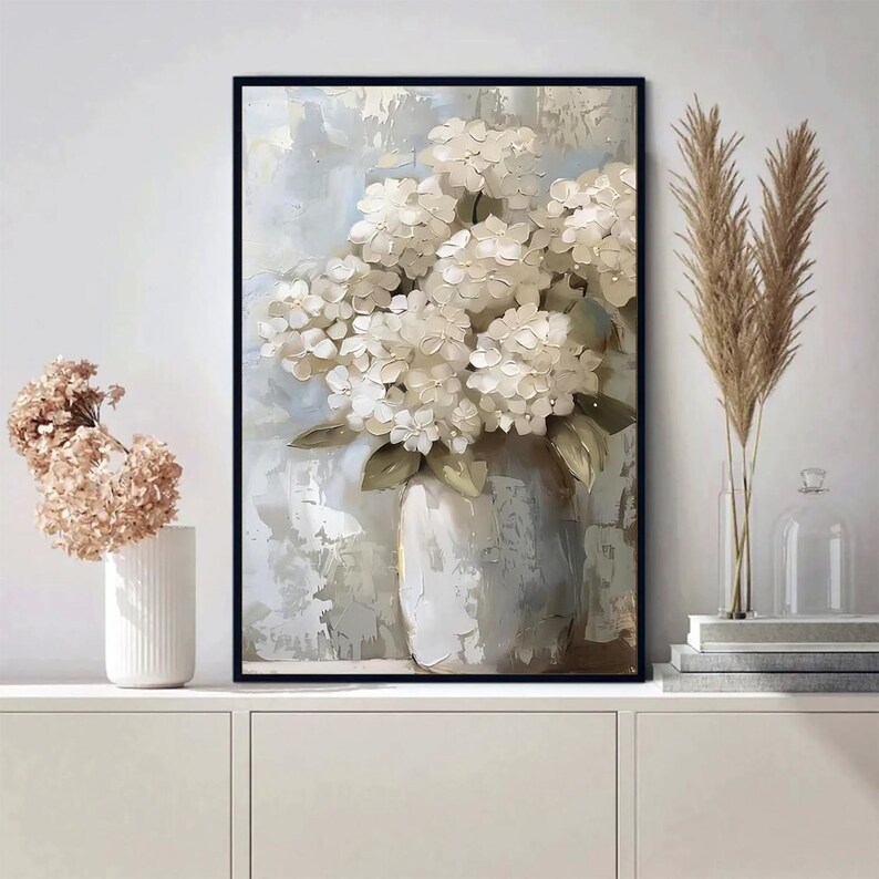 White Hydrangea Floral Canvas Wall Art, Vintage Flower Painting Print ...