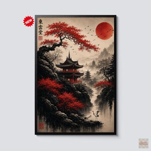 May include: A framed wall art print featuring a traditional pagoda nestled on a rocky cliffside with vibrant red maple trees, a large red sun, and flying cranes. The artwork includes vertical Japanese calligraphy text in the upper left corner.