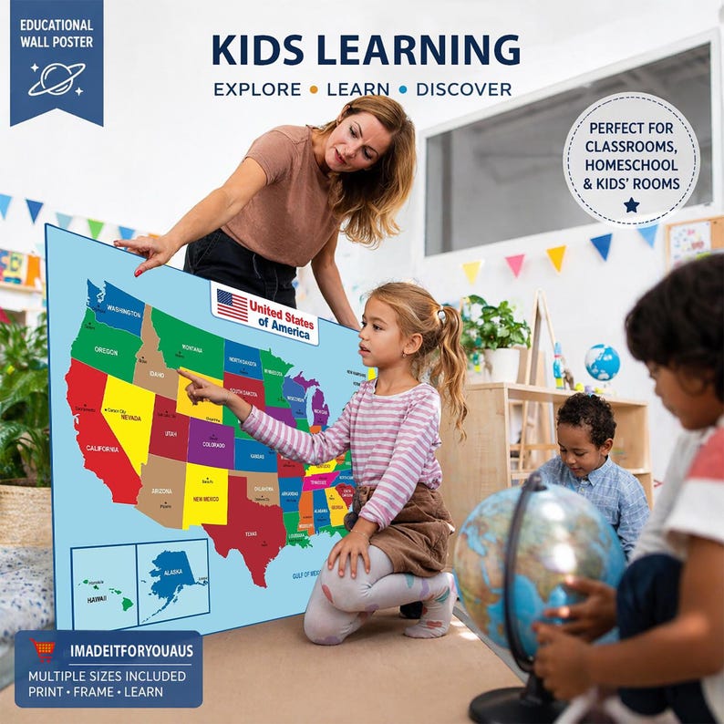 States Learning Map United States Map Laminated Poster for Kids and Adult, Colorful USA ...