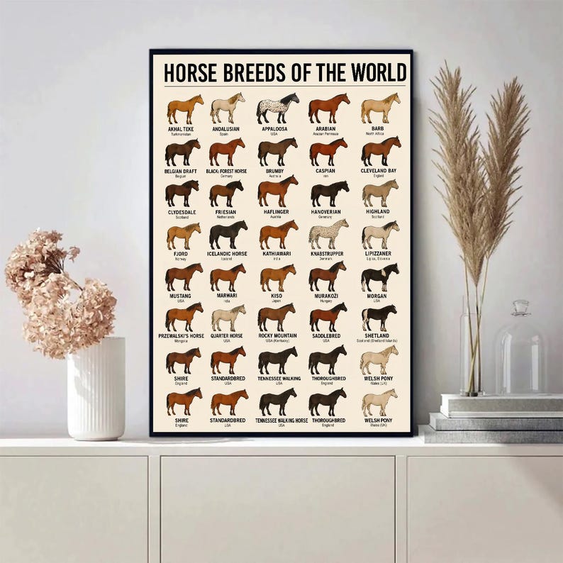 Puede incluir: Un p&oacute;ster enmarcado titulado "HORSE BREEDS OF THE WORLD" con ilustraciones de varias razas de caballos. El p&oacute;ster incluye nombres como &Aacute;rabe, Mustang y Clydesdale. La obra de arte se muestra sobre una superficie blanca.