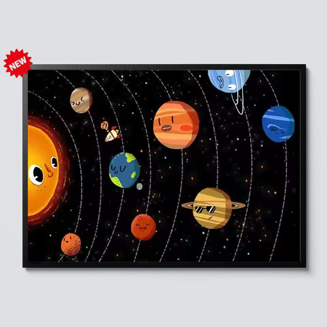 Cute Solar System Poster Kids Space Wall Art Cartoon Planets Galaxy ...