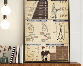 May include: A vintage-style poster with a brown background and white text. The poster is titled "Horse Training Knowledge" and includes illustrations of horses, riders, and diagrams explaining horse training techniques. The poster also includes a checklist for equestrian care.