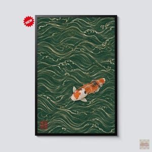 May include: A framed vertical wall art print featuring a single orange, white, and black koi fish swimming through dark green water with stylized gold wave patterns. A red seal stamp is visible in the bottom left corner and a red NEW starburst.