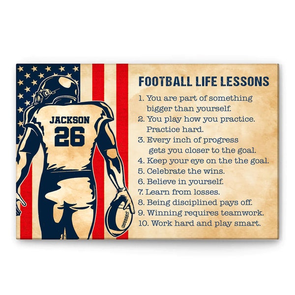 Personalized Football Poster/Canvas, Football Life Lessons Wall Art, Custom Name Number Home Decor For Boy, Son From Mom, Dad