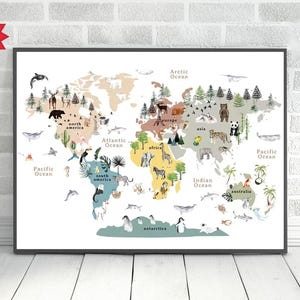 Weltkarte für Kinder – Cartoon Tier Karte – Geographie Karte – Klassenzimmer, Kinderzimmer, Hausschule