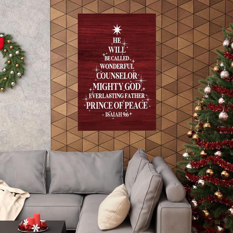 Red Winter Christian Christmas Tree Wall Art Decor, Isaiah Bible Verse ...