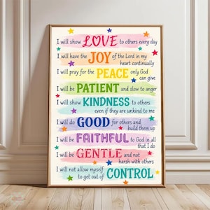 May include: A rectangular wall art print featuring colorful watercolor-style brush strokes behind inspirational text. The words LOVE, JOY, PEACE, PATIENT, KINDNESS, GOOD, FAITHFUL, GENTLE, and CONTROL are highlighted in various colors with small stars.