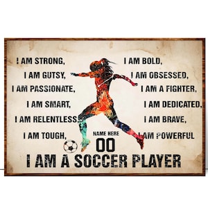 Personalized Soccer Poster for Girl – Custom Name & Number Wall Art – I Am a Soccer Player Print – Birthday Gift for Daughter or Kid Athlete