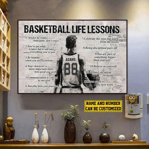 May include: A framed poster with the text "BASKETBALL LIFE LESSONS." The poster features a grayscale image of a basketball player with the name "ADAMS" and the number "88" on the jersey. The poster also includes a list of life lessons. The text "NAME AND NUMBER CAN BE CUSTOMIZED" is also visible.