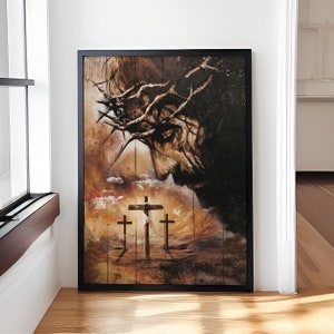 May include: A painting depicting a man wearing a crown of thorns, gazing down at three wooden crosses. The background features a cloudy sky with a sunset.