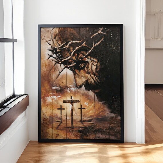 Jesus Painting Crown of Thorns Canvas or Poster, Sunset Cross Christian Wall Art, Jesus Portrait Home Decor for Living Room or Prayer Space