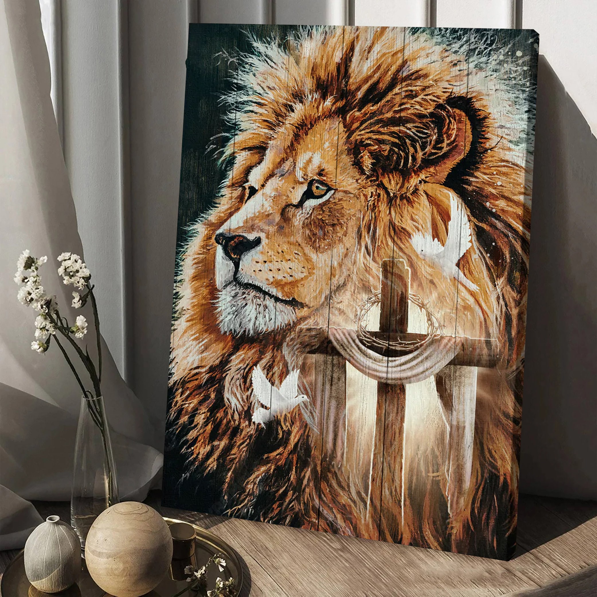 Lion With Crown of Thorns & Cross Canvas Wall Art, Christian