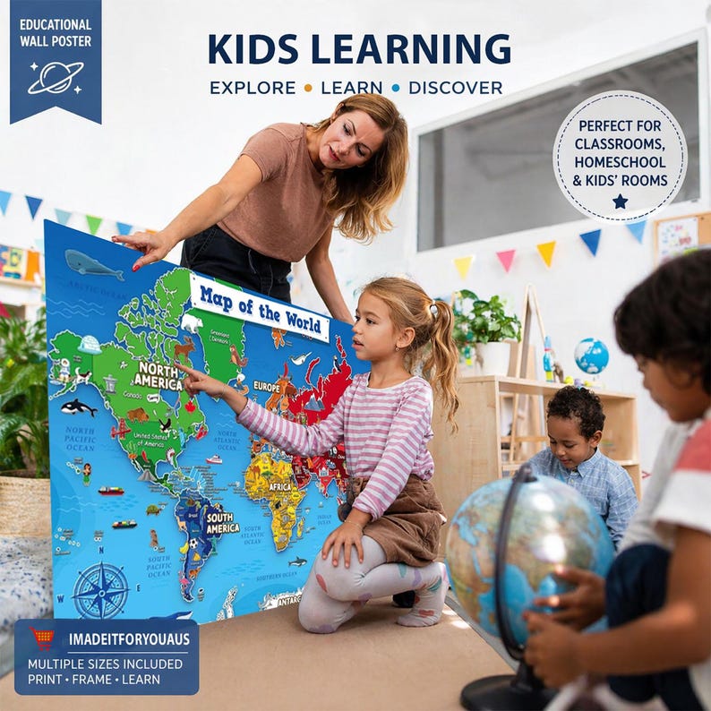 World Map Poster for Kids – Waterproof Educational Map – Classroom Wall ...