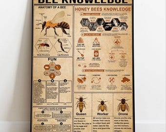 Bee Knowledge Poster, Bee Lover Gift, All About Bee, Vintage Knowledge Poster, Knowledge Art, Home , Education Chart Lover Gift