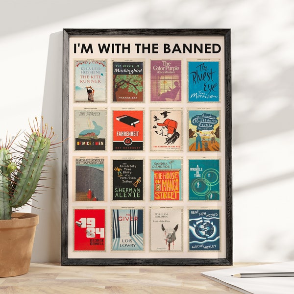 I'm With The Banned Books Cover Poster, Book Vintage Lover Poster, Banned Book Canvas, Librarian Poster, Reading Lover, Gift Book Lover