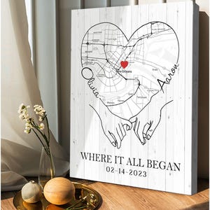Lienzo con mapa personalizado, donde todo empezó. Impresión en lienzo con mapa personalizado. Regalo de San Valentín para pareja, regalo de boda y aniversario.