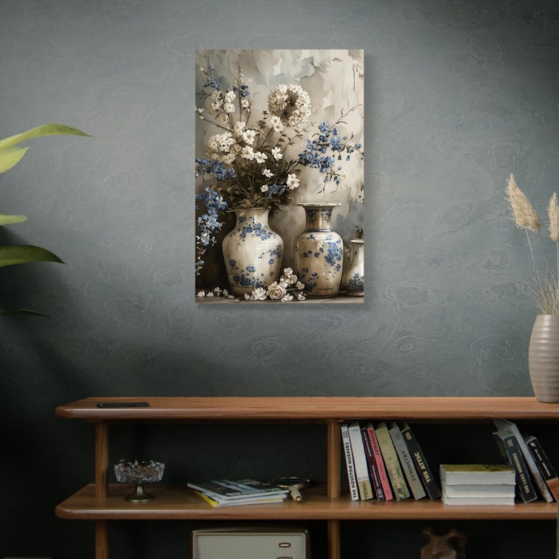 Floating Framed Farmhouse Floral Canvas Wall Art Vintage Blue and White ...